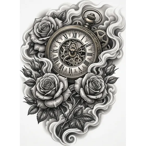 Half Sleeve Tattoos for Men example — A half sleeve of clock, roses and drifting smoke in black and grey