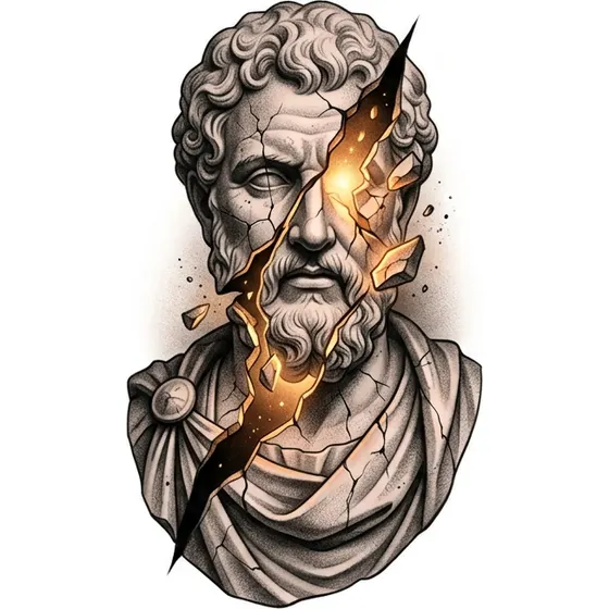 Half Sleeve Tattoos for Men example — A Greek statue bust cracked open with light coming through, upper arm
