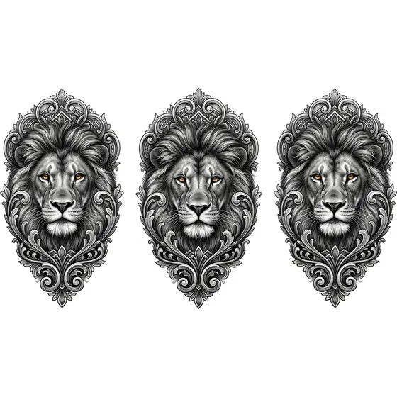 Half Sleeve Tattoos for Men example — A lion portrait with ornamental framing, shoulder to elbow