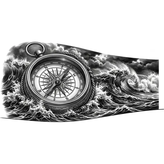 Half Sleeve Tattoos for Men example — A compass and stormy sea half sleeve with a defined lower border