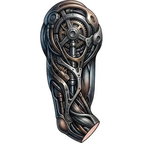Half Sleeve Tattoos for Men example — A biomechanical upper arm piece with a clean break at the elbow