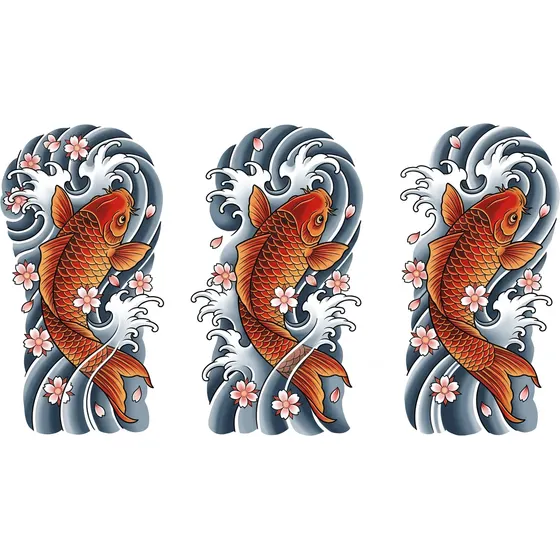 Japanese tattoo example — Koi fish swimming upstream through cresting waves and cherry blossoms