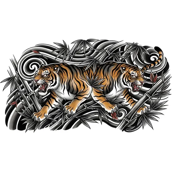 Japanese tattoo example — A tiger prowling through bamboo with wind bars behind