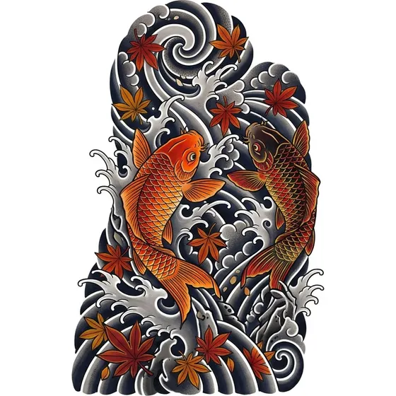 Leg Tattoos example — A Japanese leg sleeve with koi swimming up through waves and maple leaves