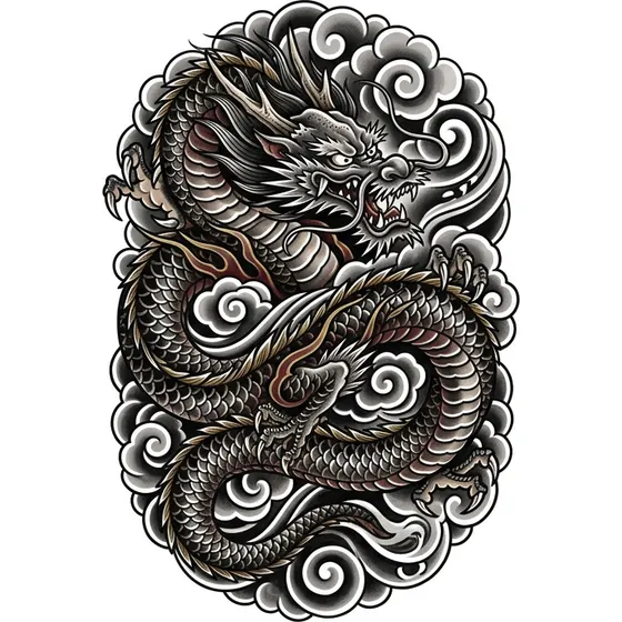 Leg Tattoos example — A dragon coiled around the calf among stylised clouds