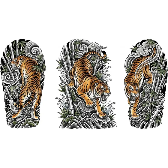 Leg Tattoos example — A tiger prowling through bamboo, thigh piece