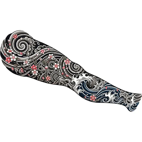Leg Tattoos example — A full leg sleeve of waves, wind bars and cherry blossom
