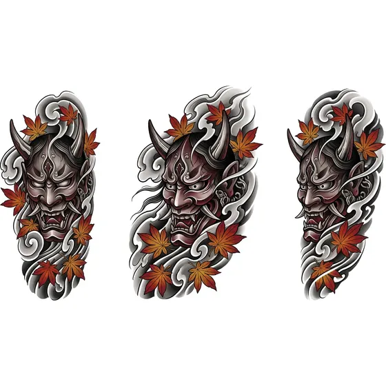 Leg Tattoos example — A hannya mask with smoke and maple leaves for the outer thigh