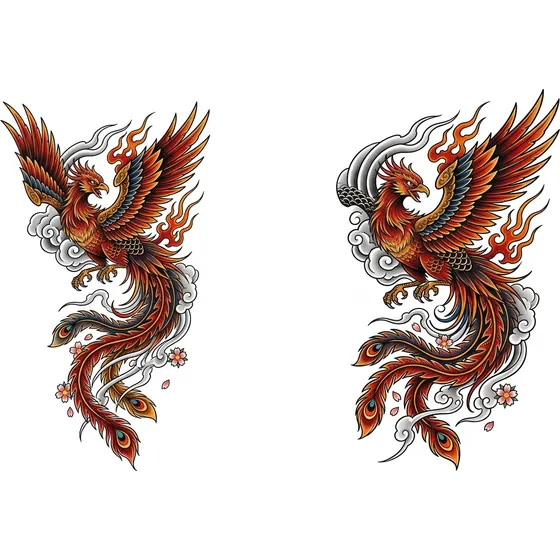 Leg Tattoos example — A phoenix with long tail feathers running down the calf