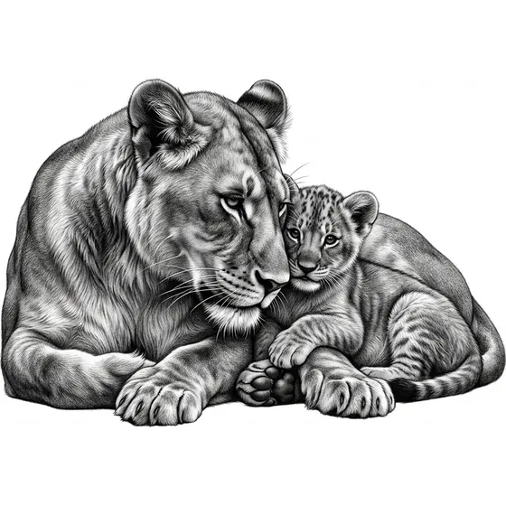 Lion Tattoos example — A lioness and cub together in soft black and grey