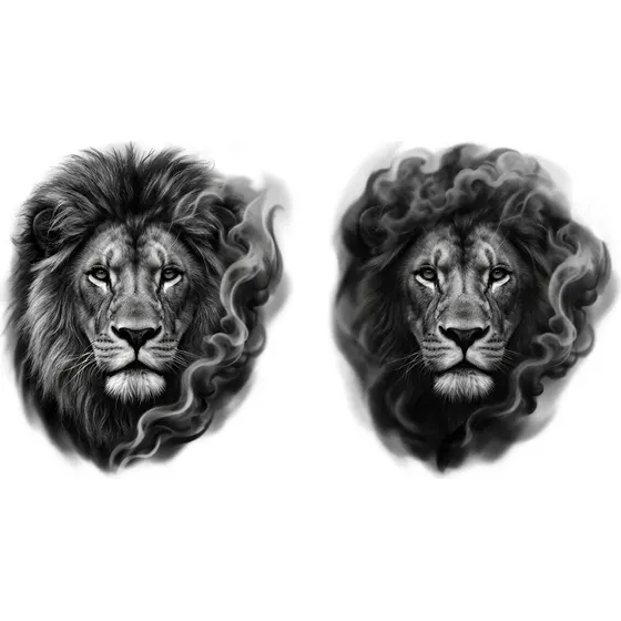 Lion Tattoos example — A lion's head emerging from smoke and shadow