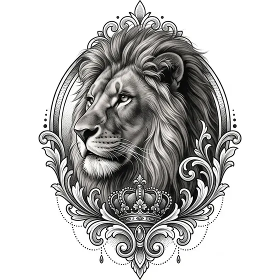 Lion Tattoos example — A regal lion in profile with ornamental framing