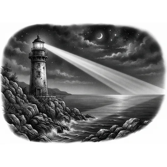 Memorial Tattoos example — A black and grey lighthouse beam across calm water, no text