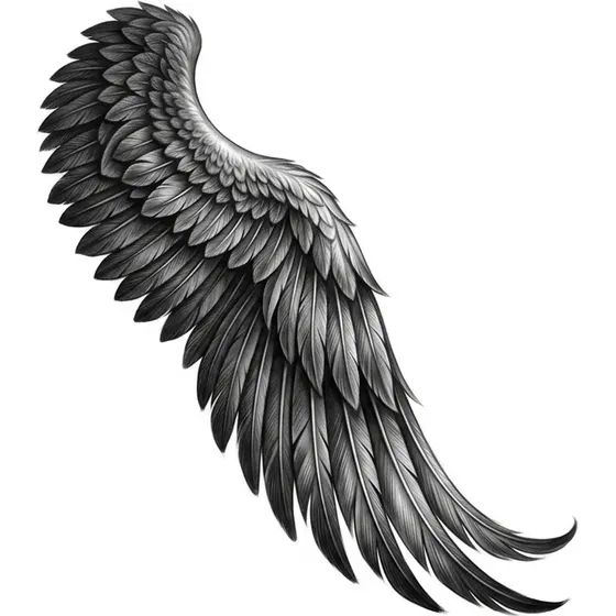 Example Realism tattoo design — A feathered wing curving down the forearm in black and grey