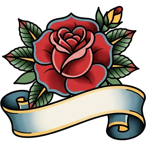 Memorial Tattoos example — A traditional rose with a blank banner large enough for a short name