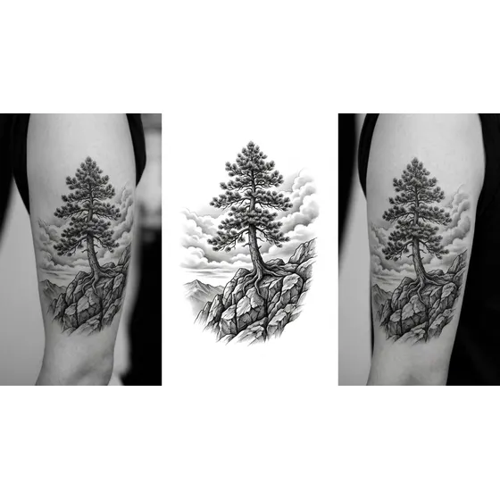 Nature Tattoos example — A lone pine on a rocky outcrop with clouds behind