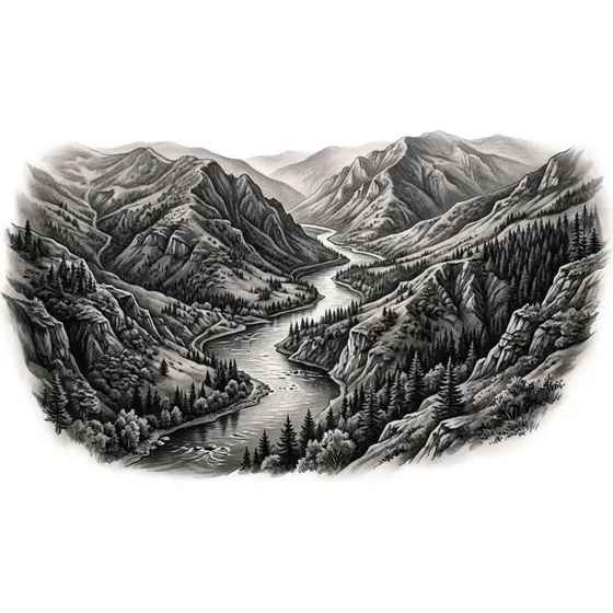 Nature Tattoos example — A river cutting through a valley seen from above