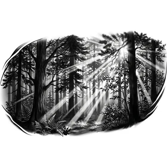 Nature Tattoos example — A forest silhouette with sunlight breaking through the canopy