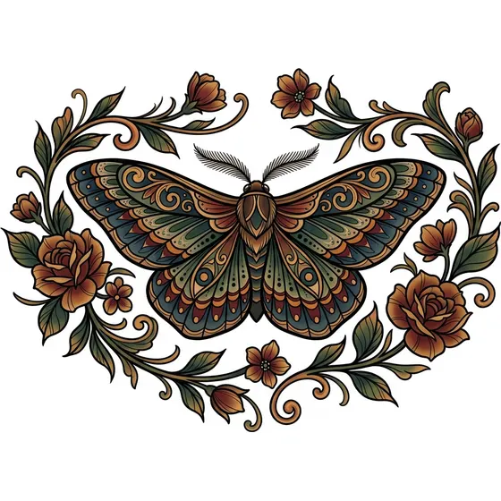 Neo-Trad tattoo example — An ornate moth with patterned wings framed by trailing florals
