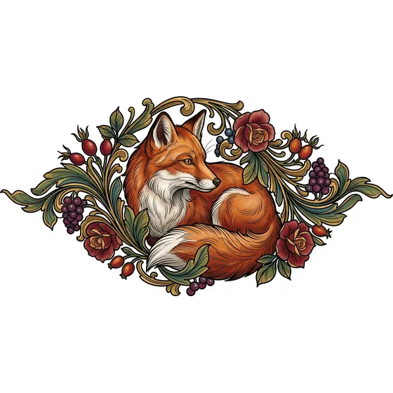 Neo-Trad tattoo example — A fox surrounded by art nouveau foliage and berries