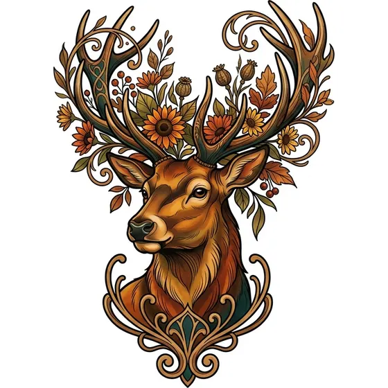 Neo-Trad tattoo example — A stag wearing a crown of wildflowers, rich autumn colour