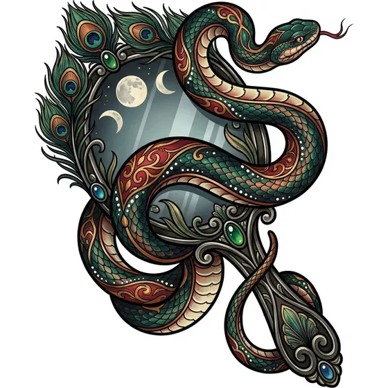 Neo-Trad tattoo example — A snake coiled through a decorative hand mirror