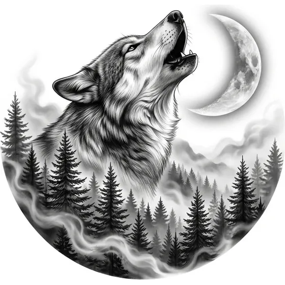 Example Realism tattoo design — A wolf howling at a crescent moon with pine trees and drifting mist