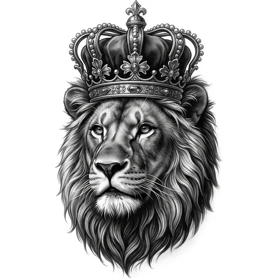 Realism Tattoos example — A lion portrait with an ornate crown, heavy black and grey shading