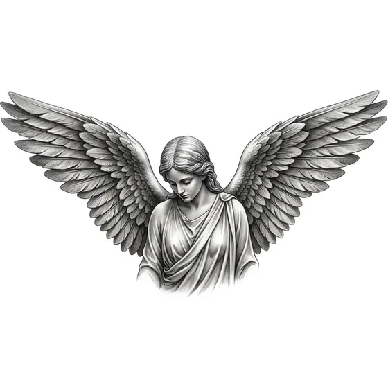 Religious Tattoos example — An angel with spread wings looking downward