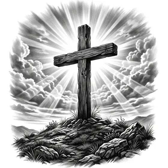 Religious Tattoos example — A cross on a hilltop with light breaking behind it