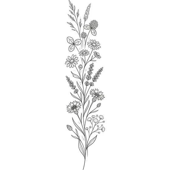 Rib Tattoos example — A long vertical stem of wildflowers running down the ribcage