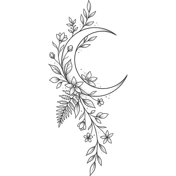 Rib Tattoos example — A crescent moon with trailing botanicals, narrow rib placement
