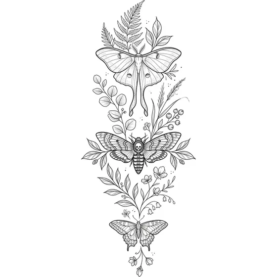Rib Tattoos example — A vertical arrangement of moths and delicate foliage