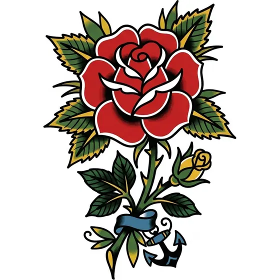 Rose Tattoos example — A classic traditional rose with bold outlines and flat red petals