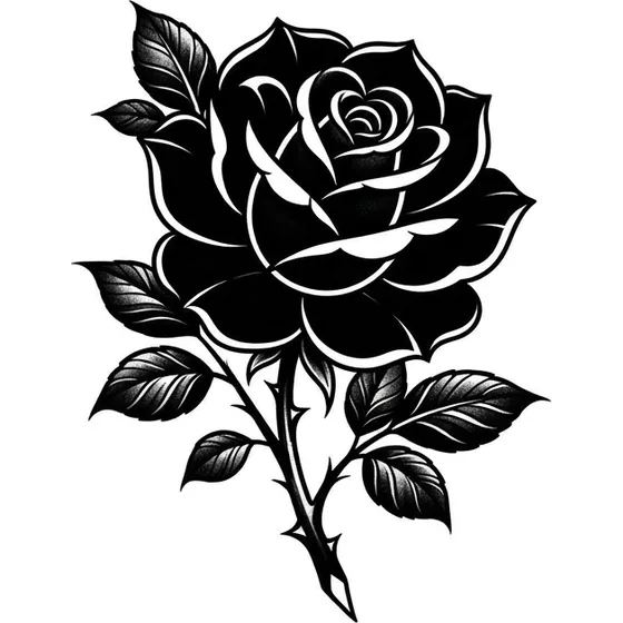 A blackwork rose of solid black petals with narrow skin gaps between them