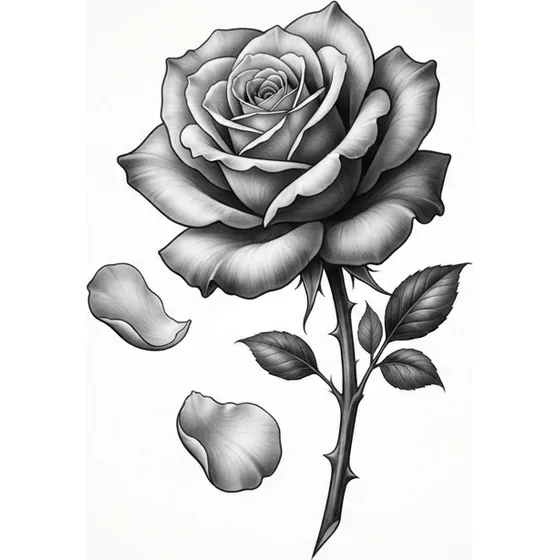 A black and grey rose with three falling petals and soft shading, no lettering