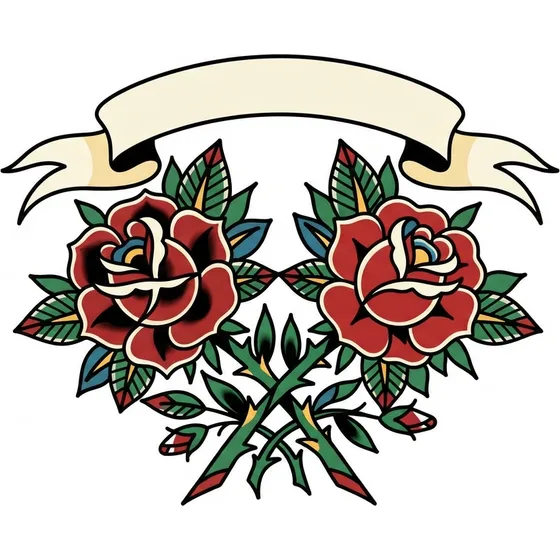 Two crossed traditional roses with a blank ribbon and simple leaves
