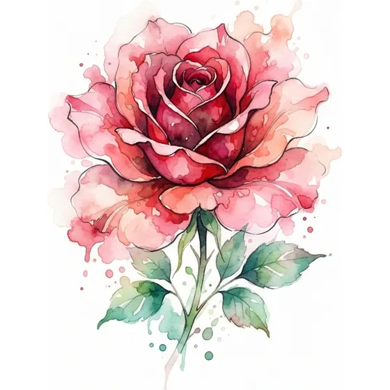 A rose with red and pink colour softening off the outer petals, watercolour edges