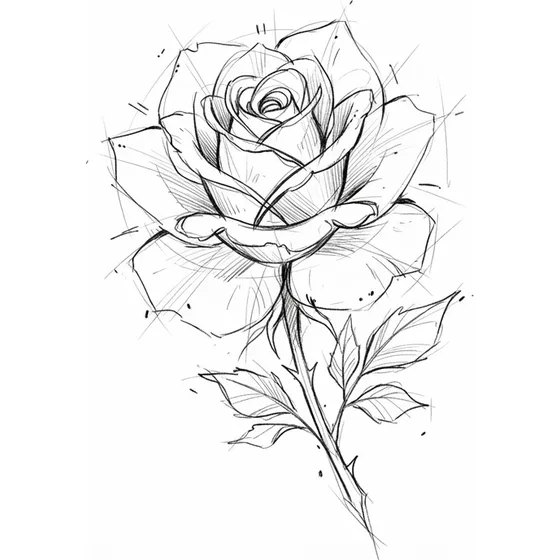 A loose sketch rose with unfinished outer petals and visible construction lines