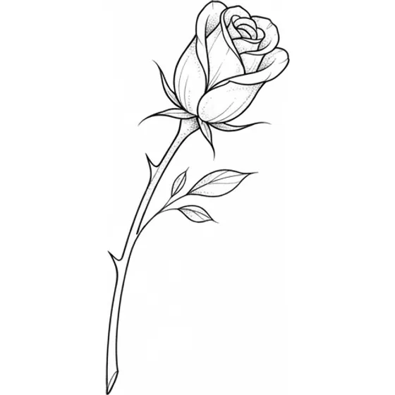 A fine-line rose bud, closed, with a single thorn and a thin stem