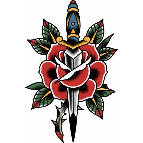 A traditional rose with a dagger through the stem and heavy black shading