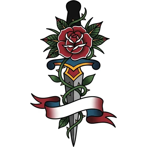 Rose Tattoos example — A rose wrapped around a dagger with a banner beneath