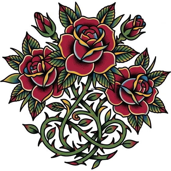 Rose Tattoos example — A cluster of roses with thorned stems winding together