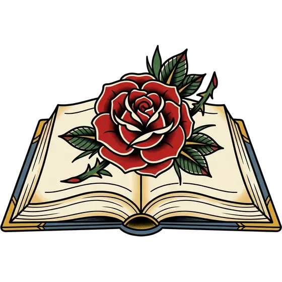 Rose Tattoos example — A rose resting on an open book, fine detail in the petals