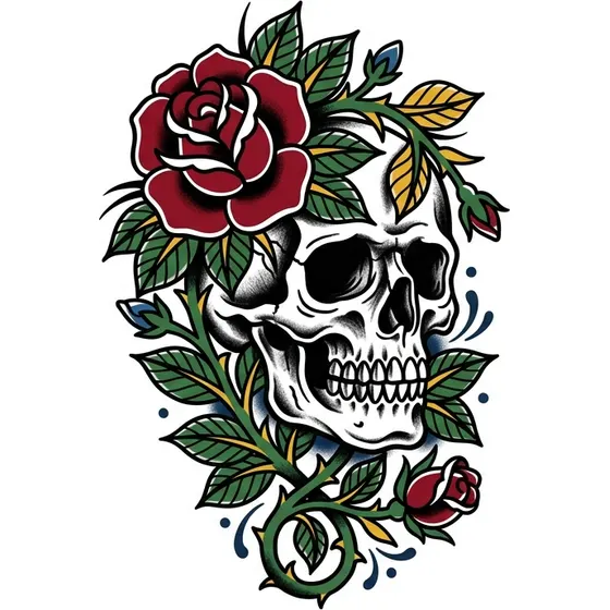 Rose Tattoos example — A rose and skull composition in old school style