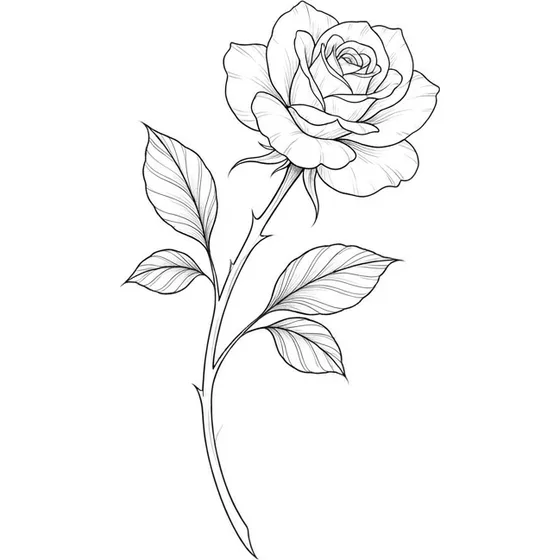 A single open rose on a long curved stem with two large leaves, fine line, inner forearm