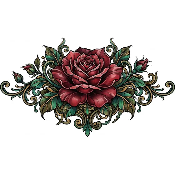 A neo-traditional rose with layered petals, deep red, and ornamental leaves
