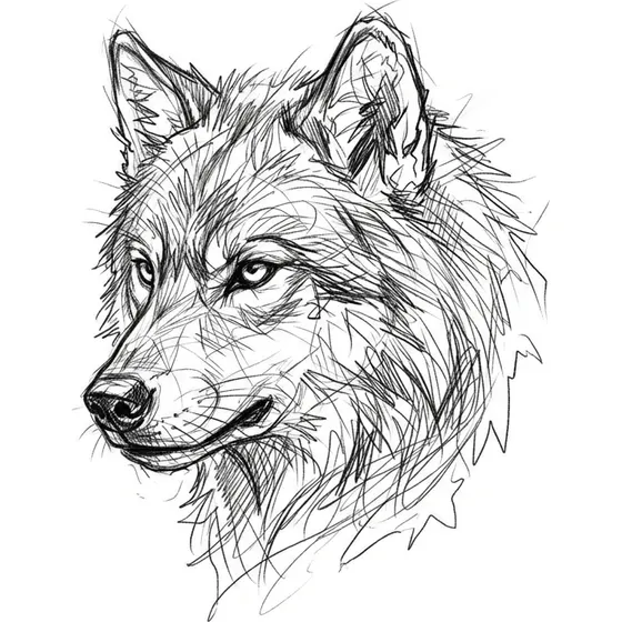 Sketch tattoo example — A wolf's head with loose scribbled fur and open edges