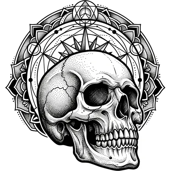 Skull Tattoos example — A skull with a geometric halo and stippled shading