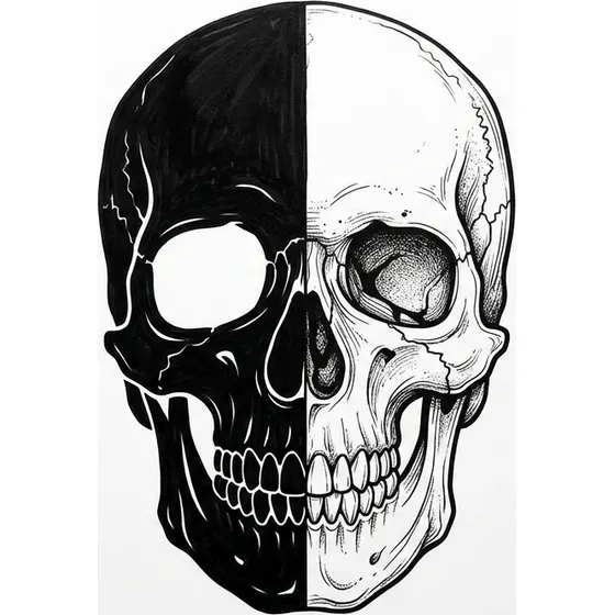 Skull Tattoos example — A skull split between solid black and fine line work